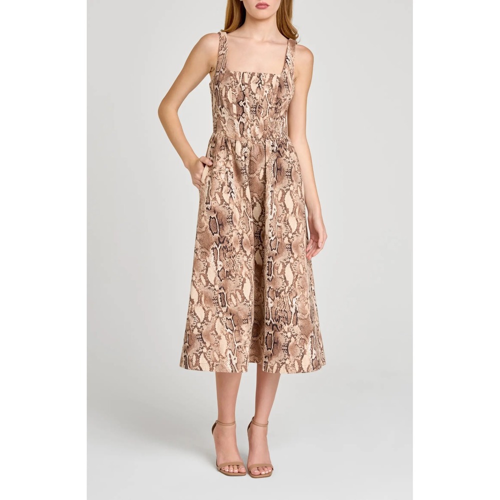 WAYF Women's Savanna Snakeskin Square Neck A-Line Midi Dress Brown Size S